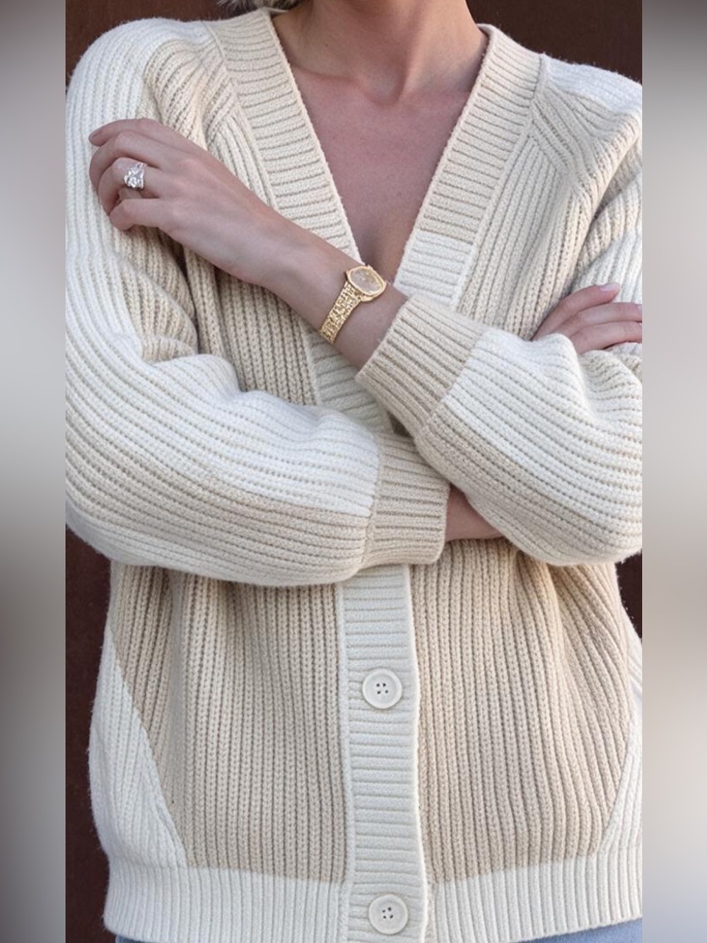 Peter Som Collective Two-Tone Ribbed Cardigan Sweater Cream Tan